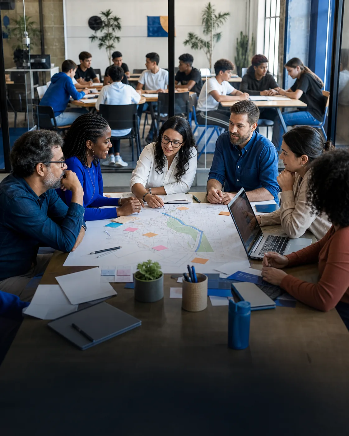 Equipe de parceiros planejando ações com o projeto
