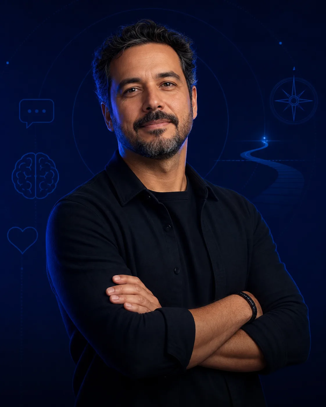 Mentor de braços cruzados representando autoridade, direção e desenvolvimento pessoal