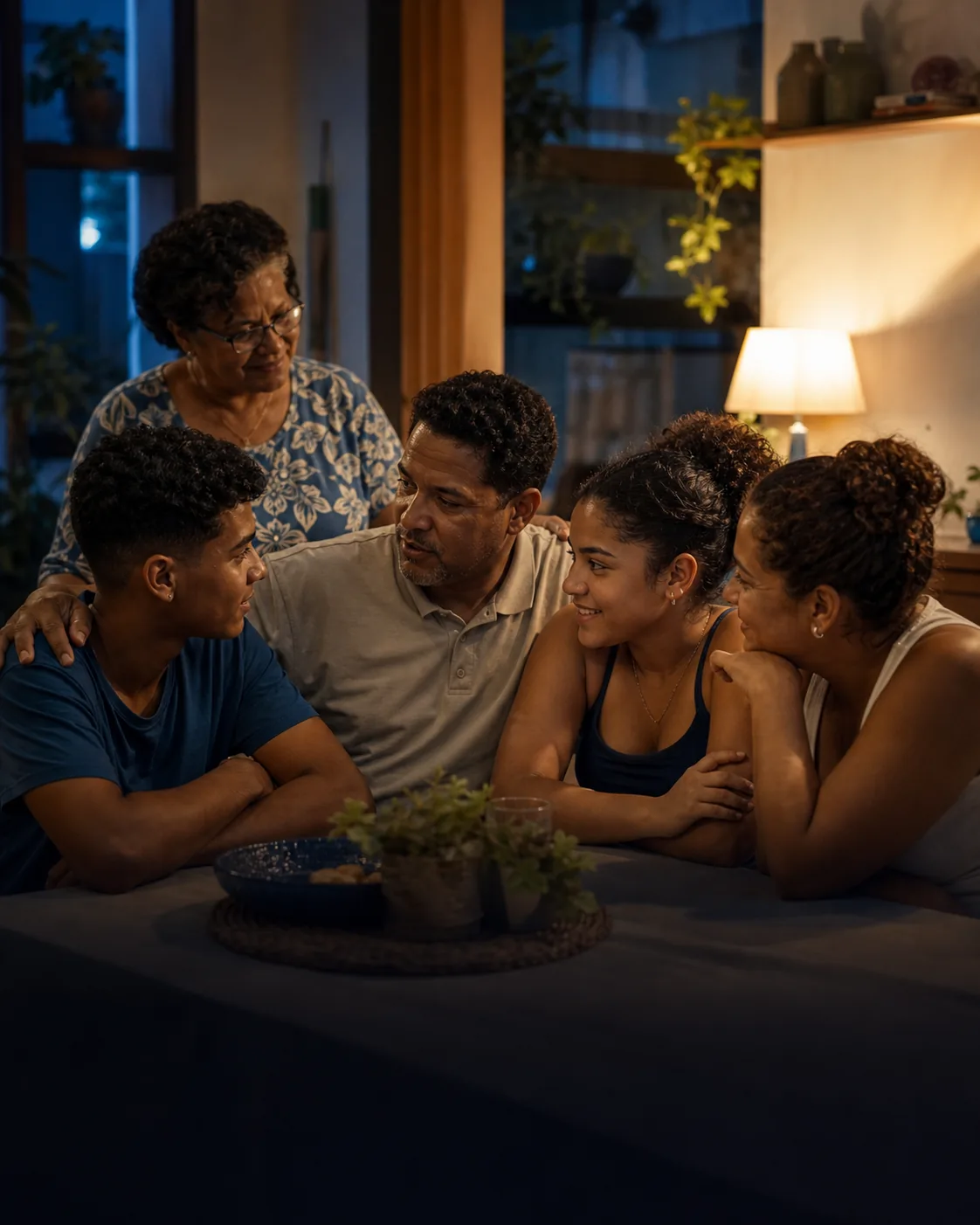 Família reunida em um ambiente acolhedor de diálogo e conexão