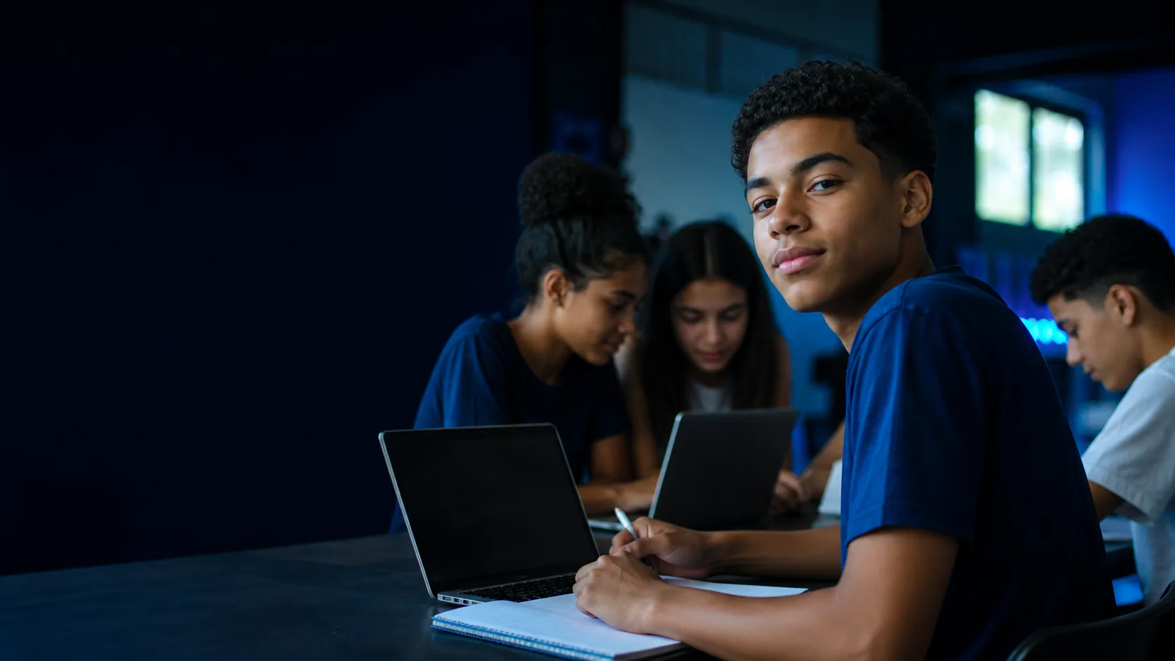 Jovens estudando tecnologia em uma sala de aula
