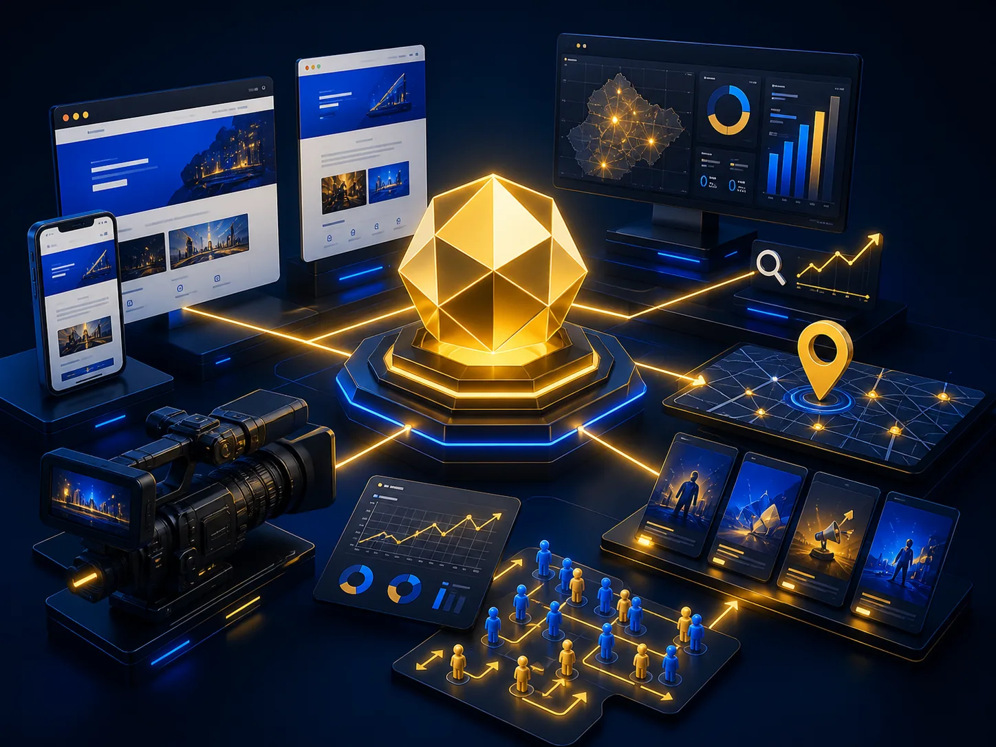 Sistema visual Gold com sites, vídeo, campanhas e presença local