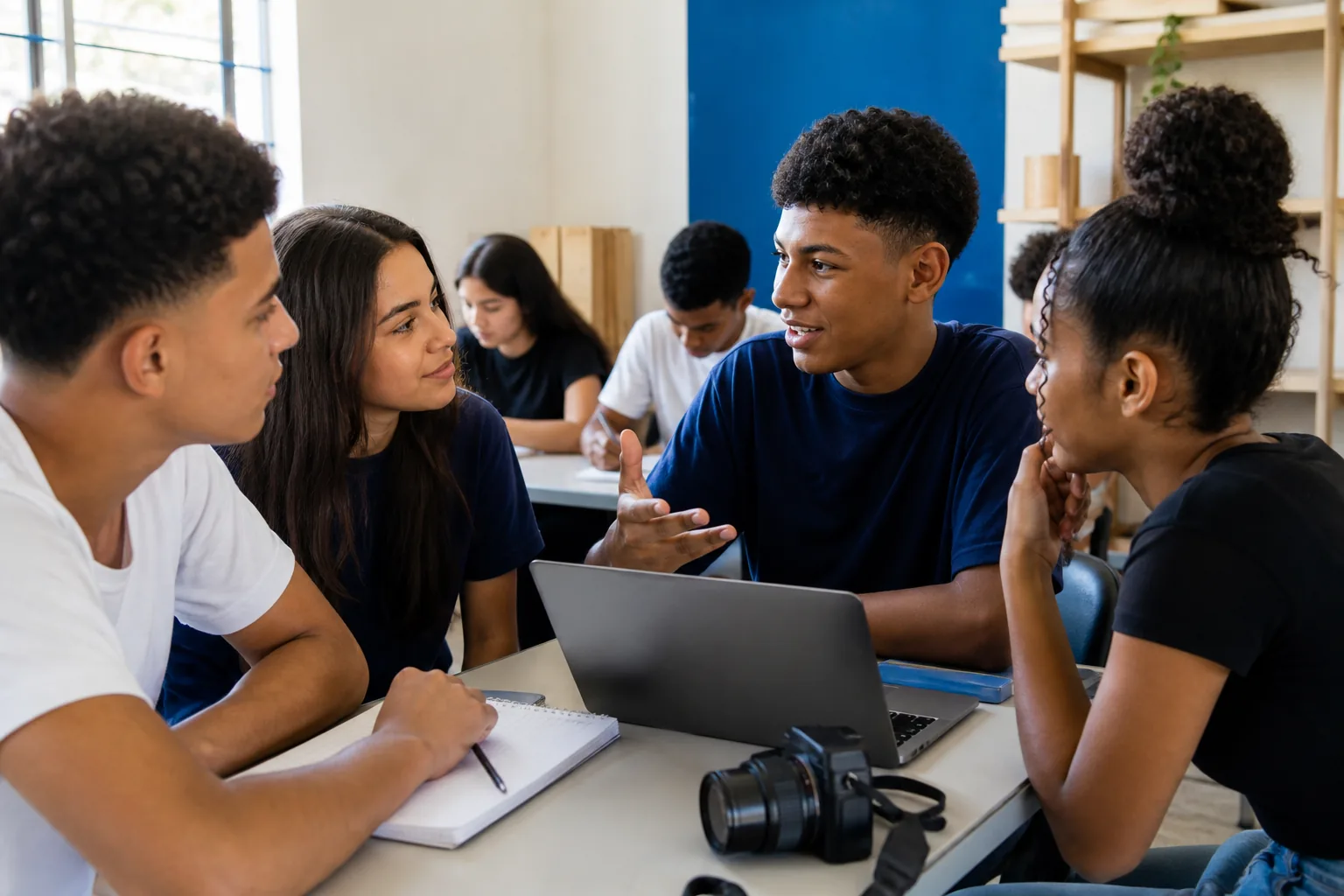 Jovens colaborando em uma atividade de tecnologia